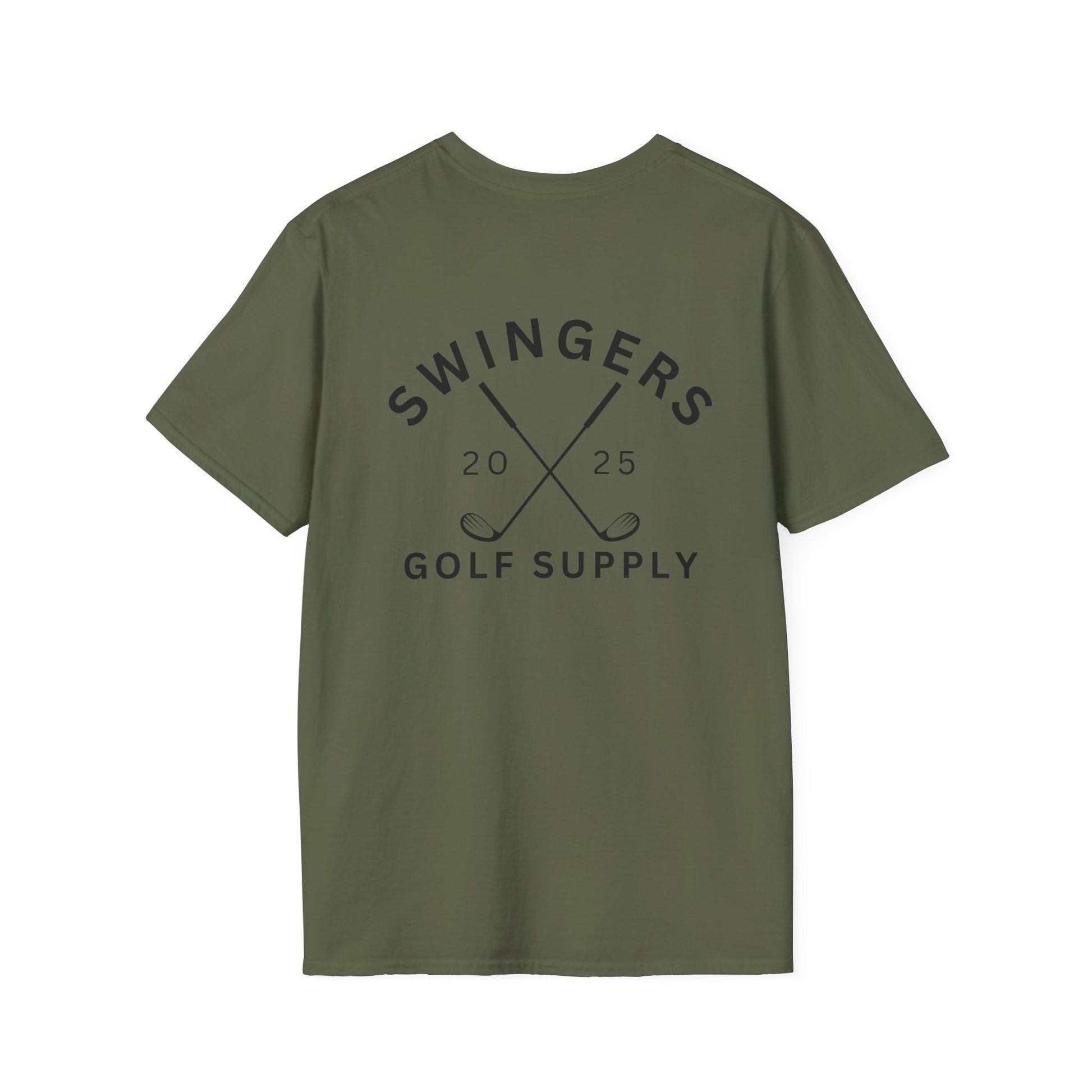 Green t-shirt with 'Swingers Golf Supply' text on a white background