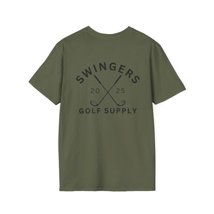 Green t-shirt with 'Swingers Golf Supply' text on a white background