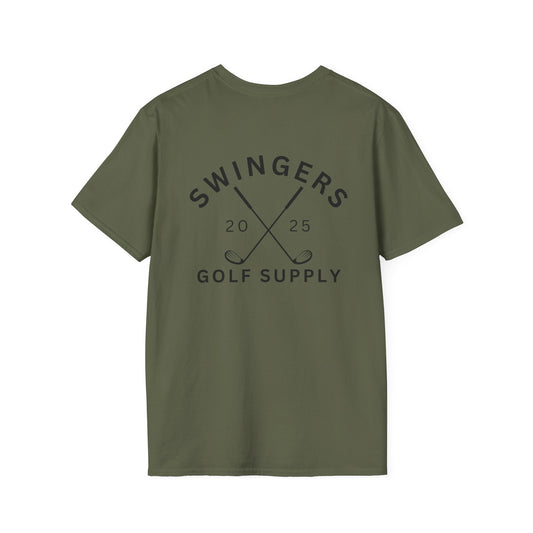 Green t-shirt with 'Swingers Golf Supply' text on a white background