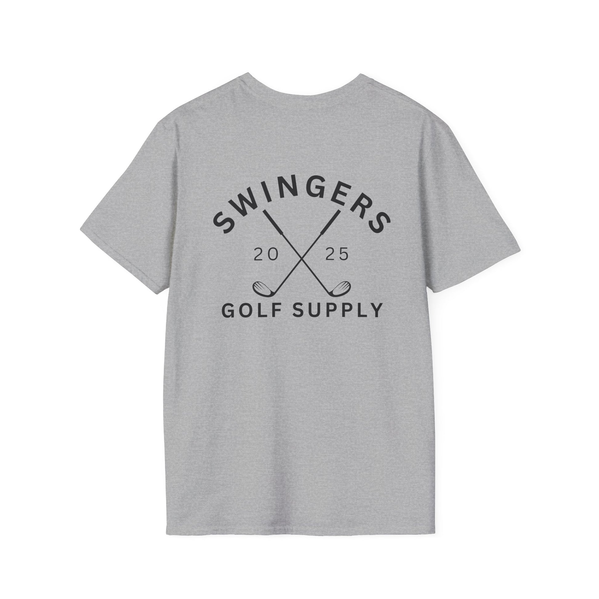 Gray t-shirt with 'Swingers Golf Supply' text and golf club graphics on a white background