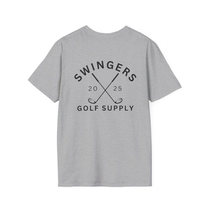 Gray t-shirt with 'Swingers Golf Supply' text and golf club graphics on a white background