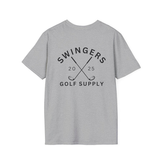 Gray t-shirt with 'Swingers Golf Supply' text and golf club graphics on a white background