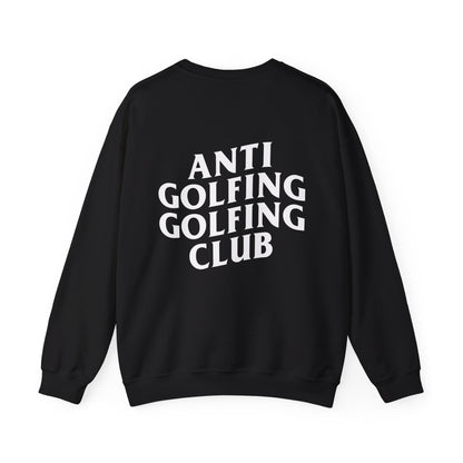 Black sweatshirt with 'ANTI GOLFING GOLFING CLUB' text on the back against a white background