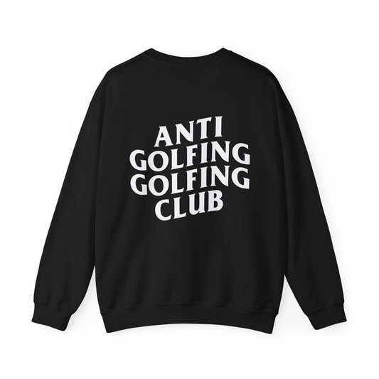 Black sweatshirt with 'ANTI GOLFING GOLFING CLUB' text on the back against a white background