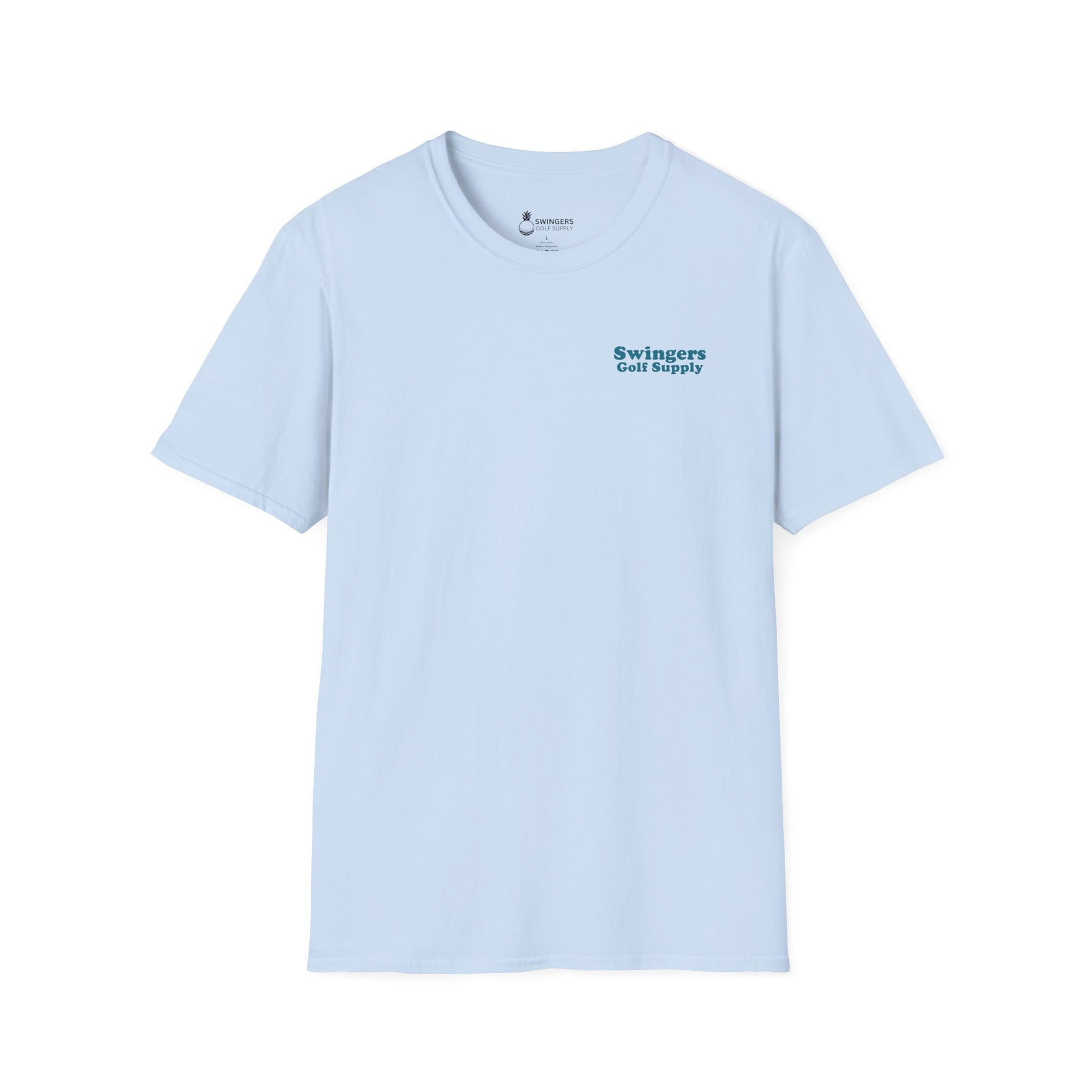Light blue t-shirt with 'Swingers Golf Supply' text on a white background