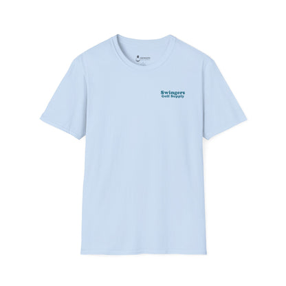 Light blue t-shirt with 'Swingers Golf Supply' text on a white background