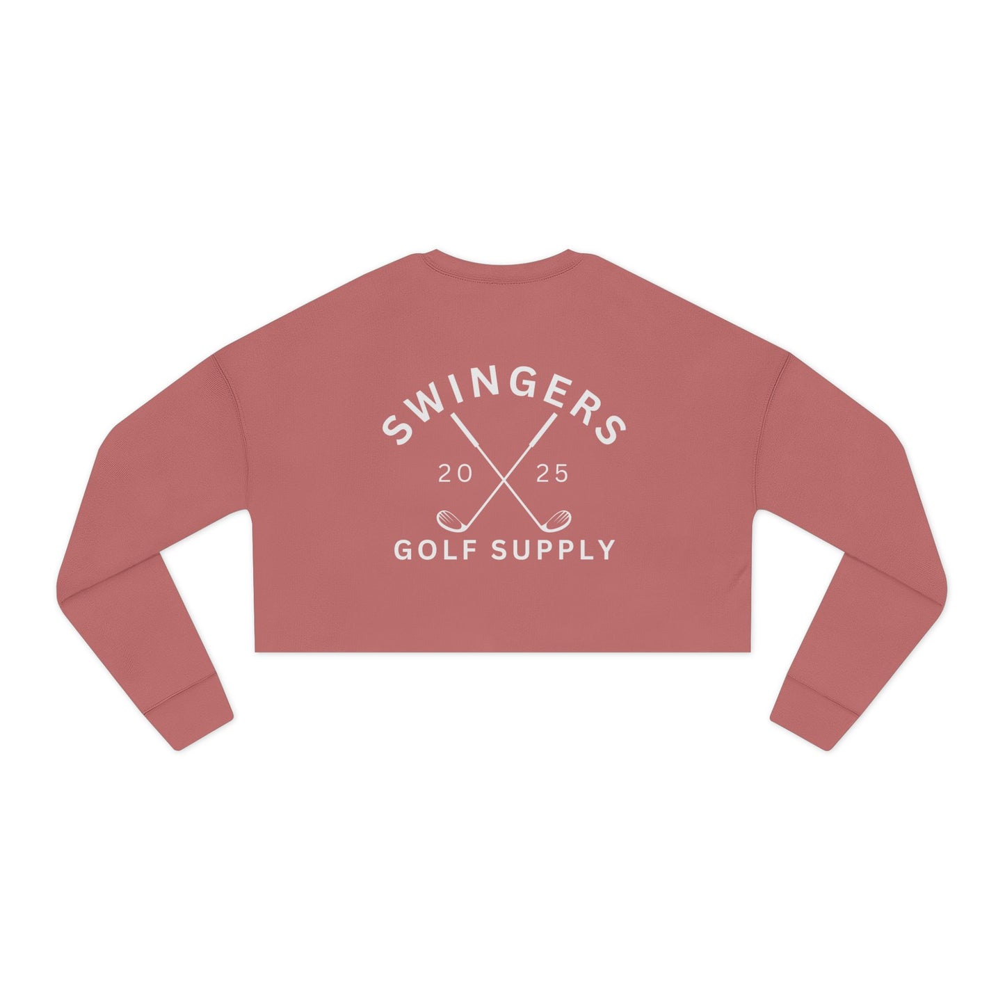 Red crop top with 'Swingers Golf Supply' text on a white background