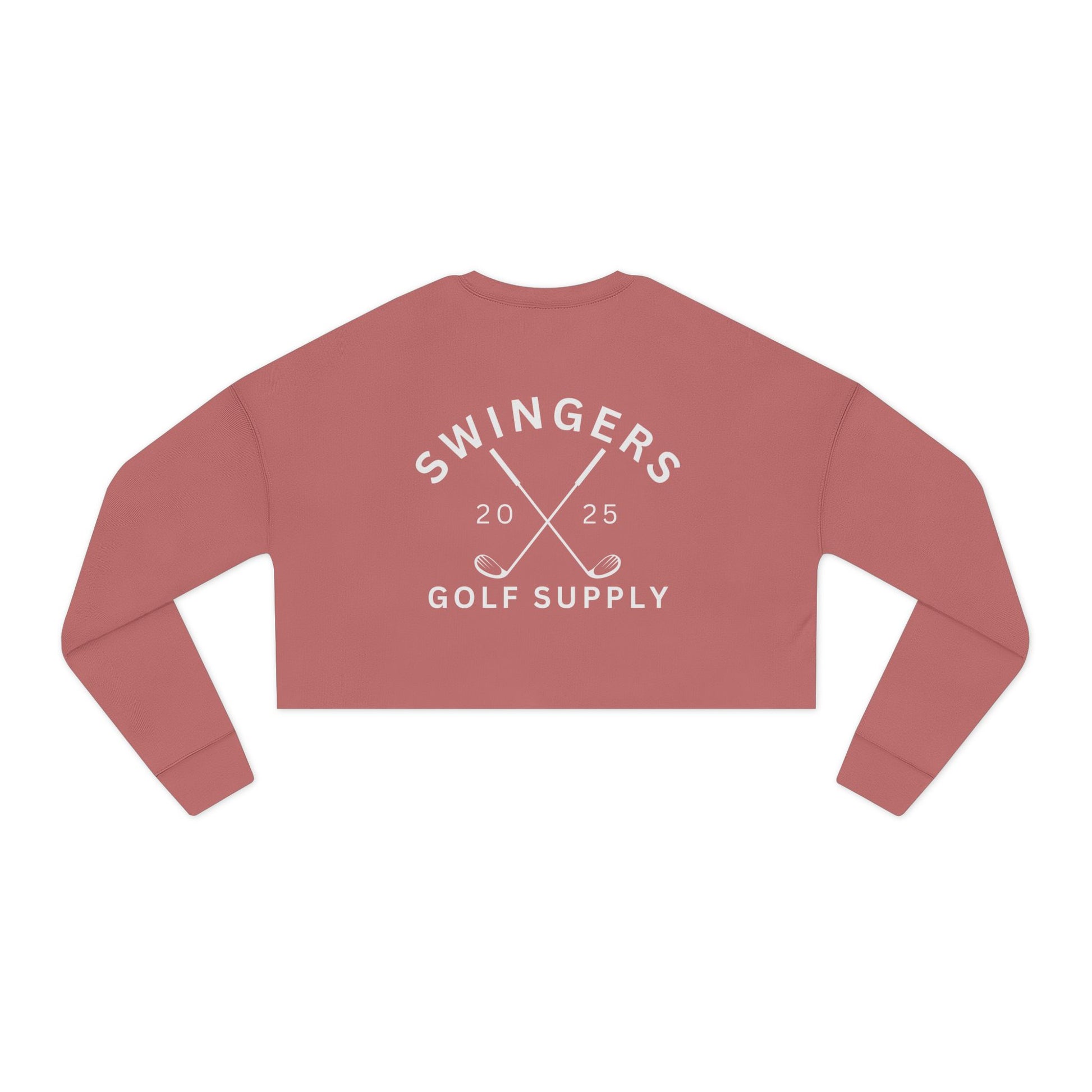 Red crop top with 'Swingers Golf Supply' text on a white background