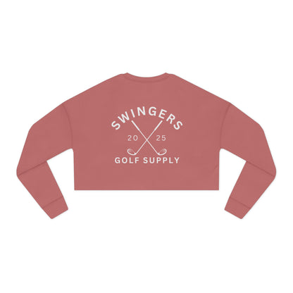Red crop top with 'Swingers Golf Supply' text on a white background