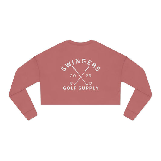 Red crop top with 'Swingers Golf Supply' text on a white background