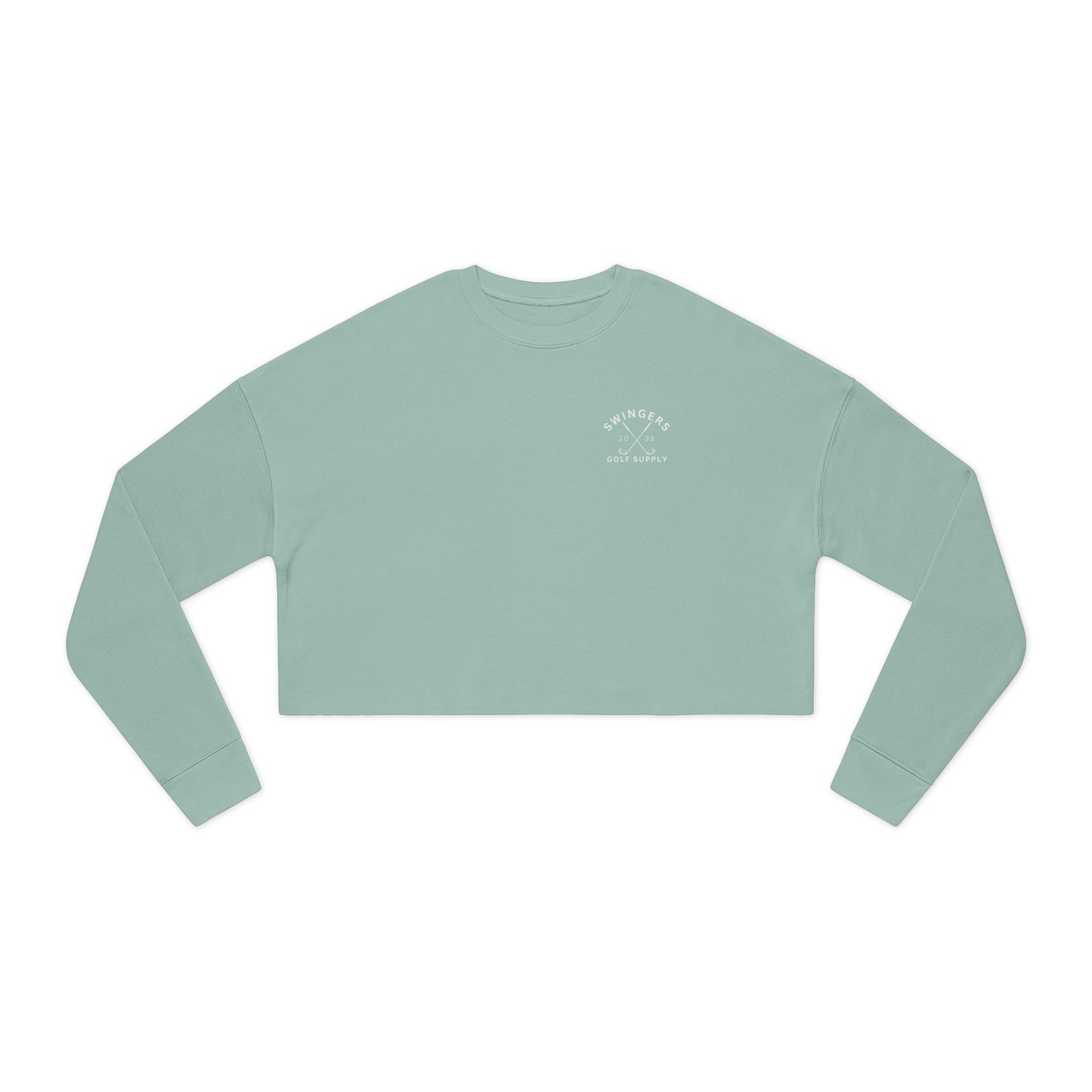 Light green long-sleeve crop top with a logo on a white background