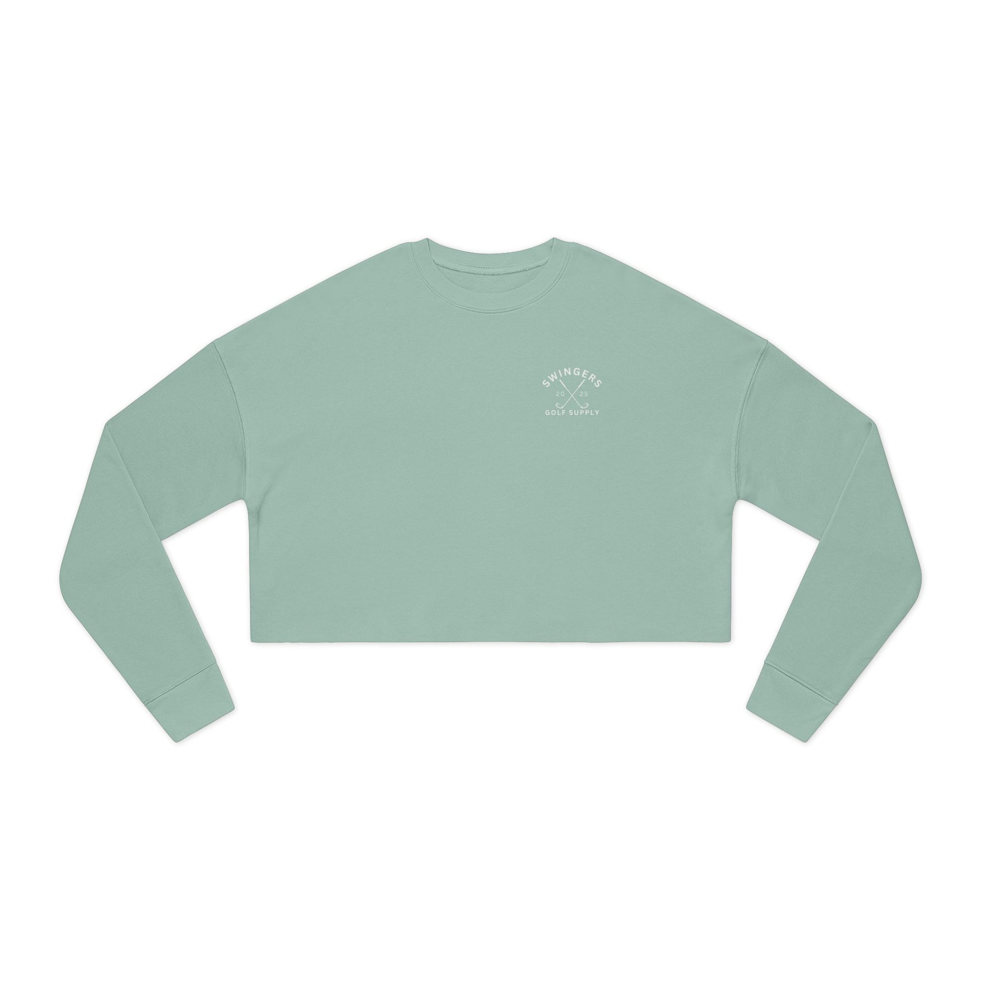 Light green long-sleeve crop top with a logo on a white background