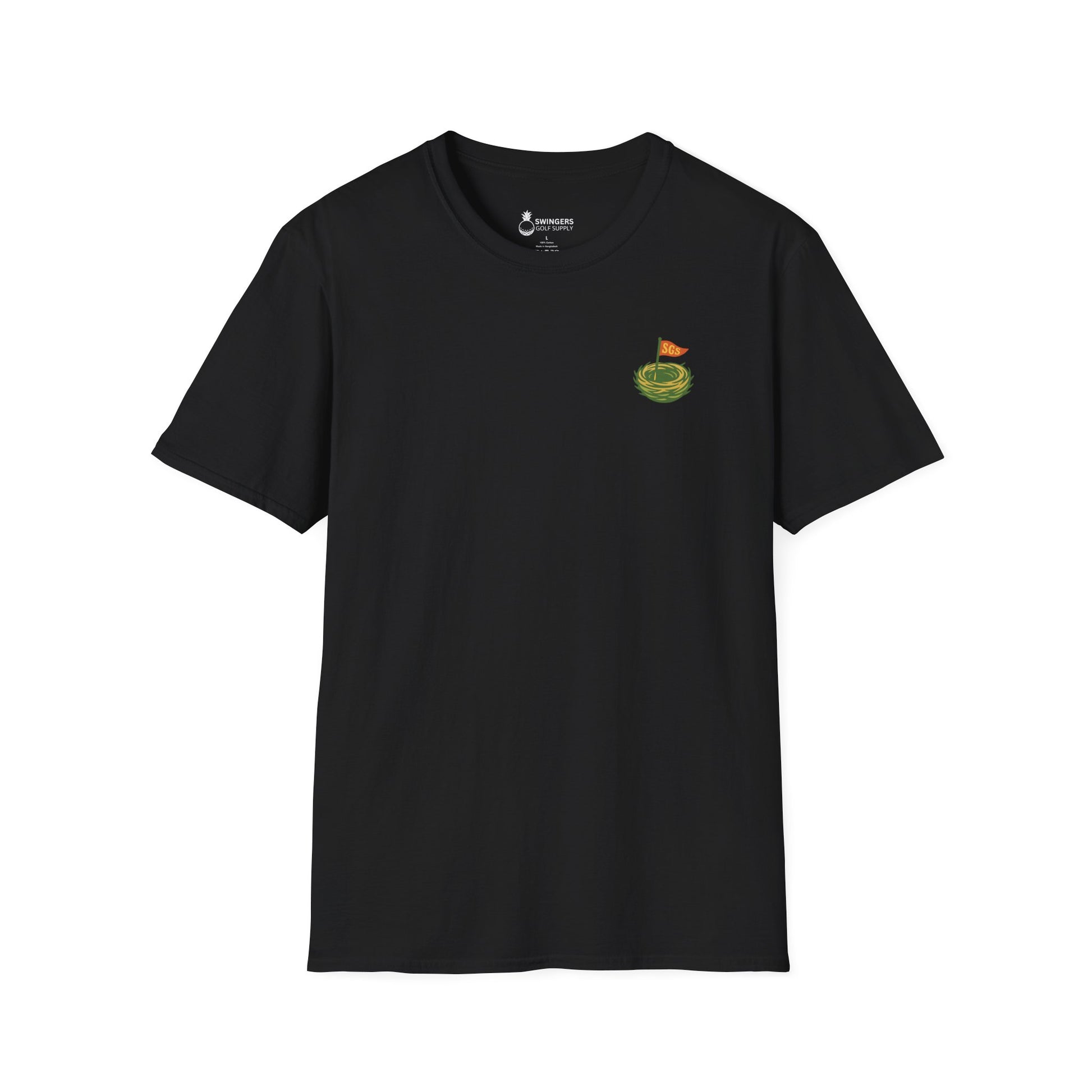 Black t-shirt with a small logo on the chest against a white background