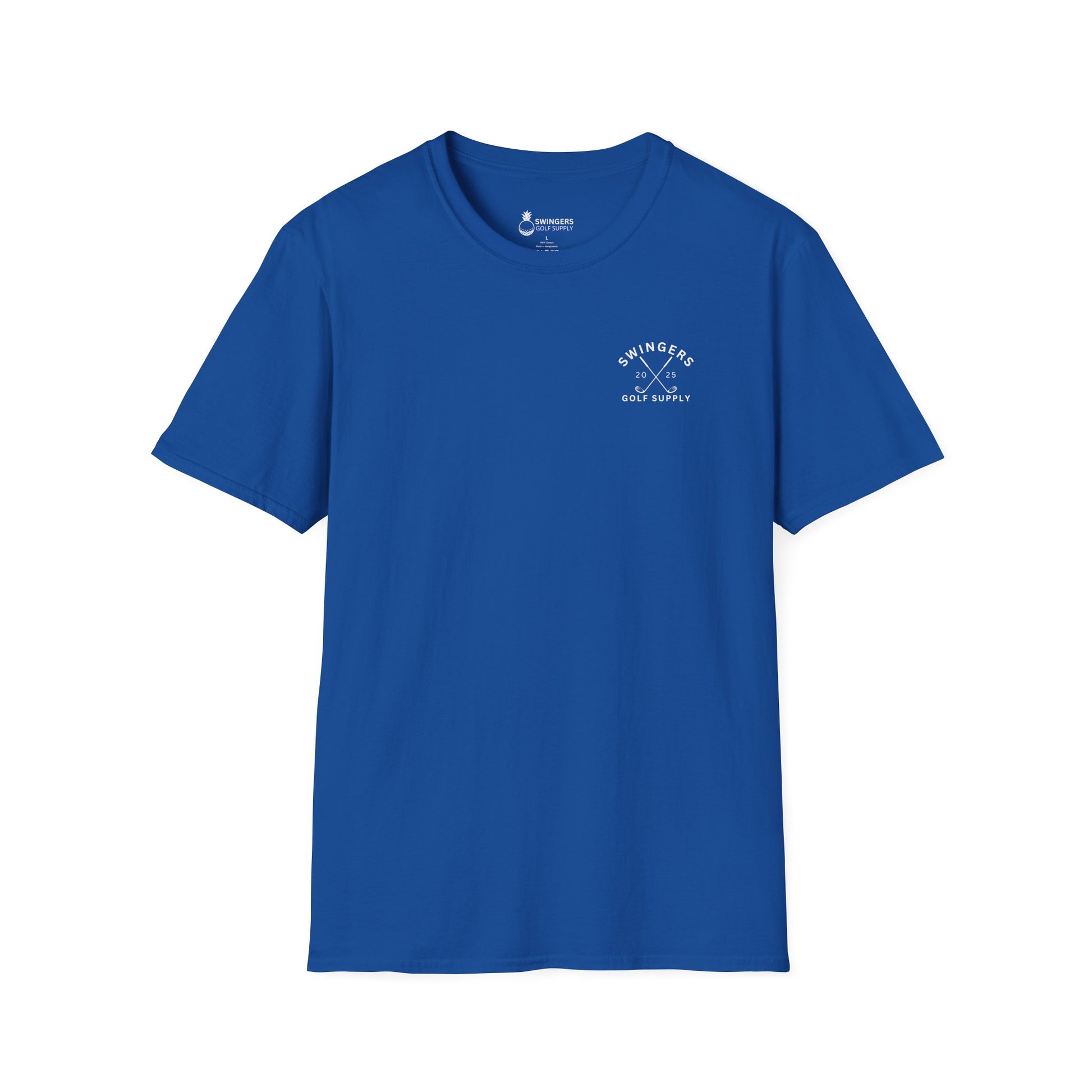 Blue t-shirt with a white logo on a white background