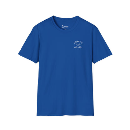 Blue t-shirt with a white logo on a white background