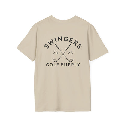 Beige t-shirt with 'Swingers Golf Supply' logo on the back against a white background