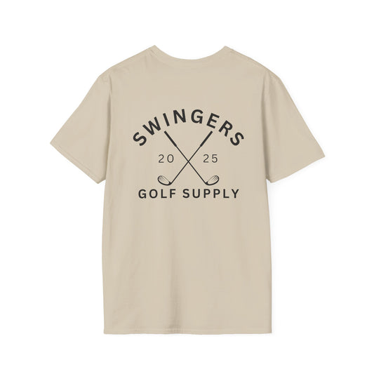Beige t-shirt with 'Swingers Golf Supply' logo on the back against a white background