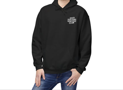Man wearing a black hoodie with text on a white background